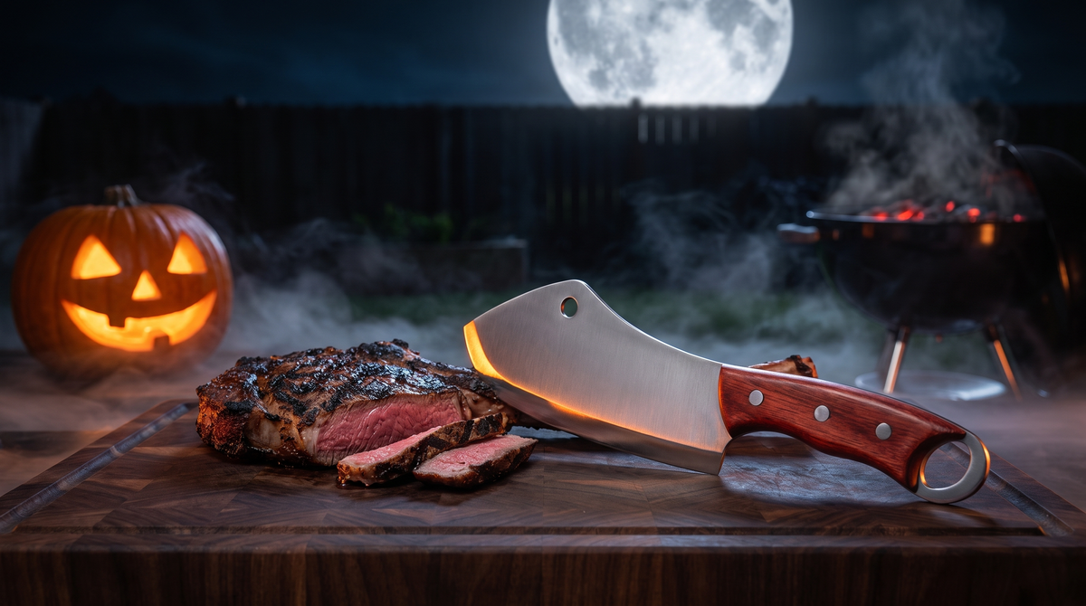 THE KNUCKLE on a walnut board with sliced steak, a glowing jack-o'-lantern and a full moon