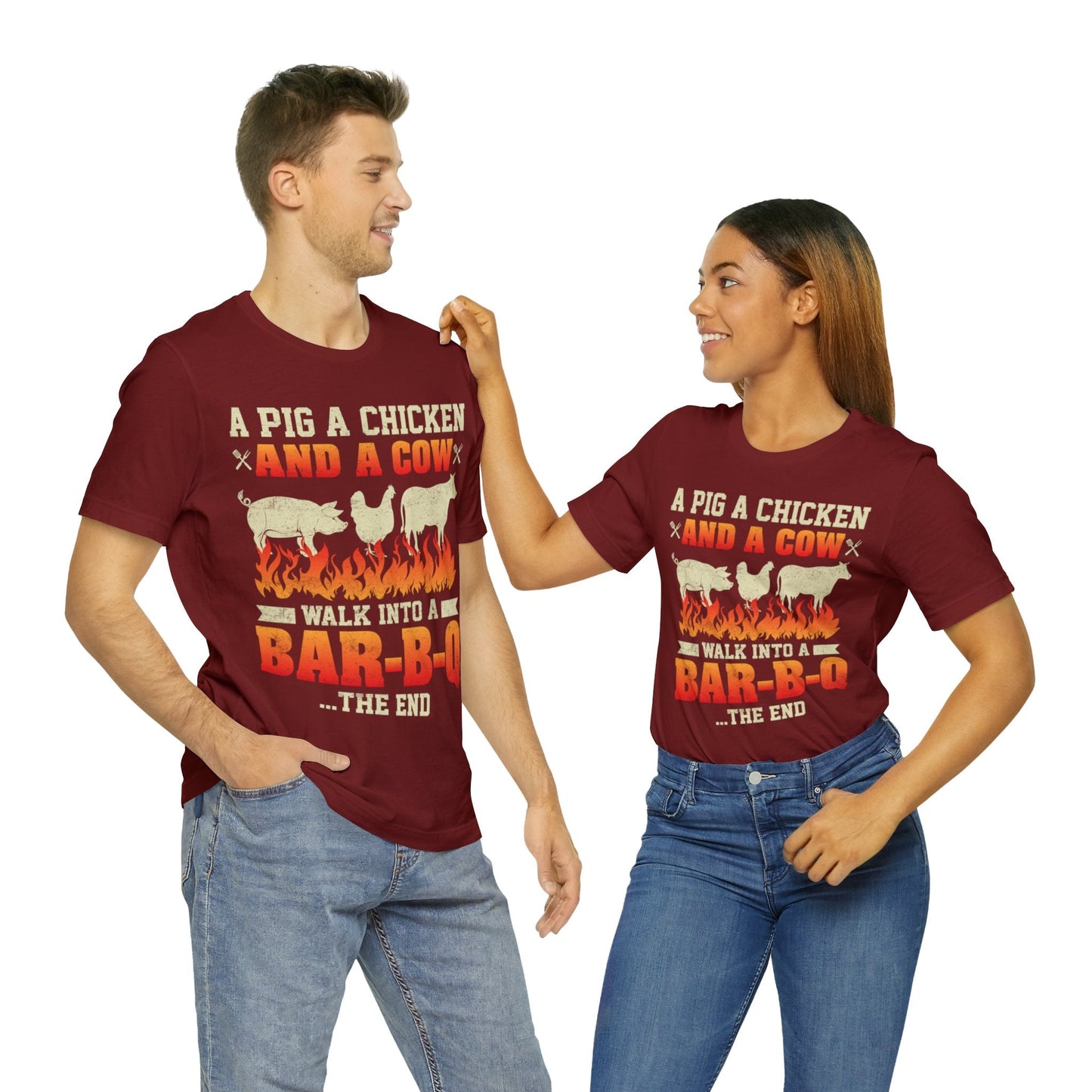 A Pig A Chicken and a cow walk into a bar - b - q T - Shirt - The Cavemanstyle