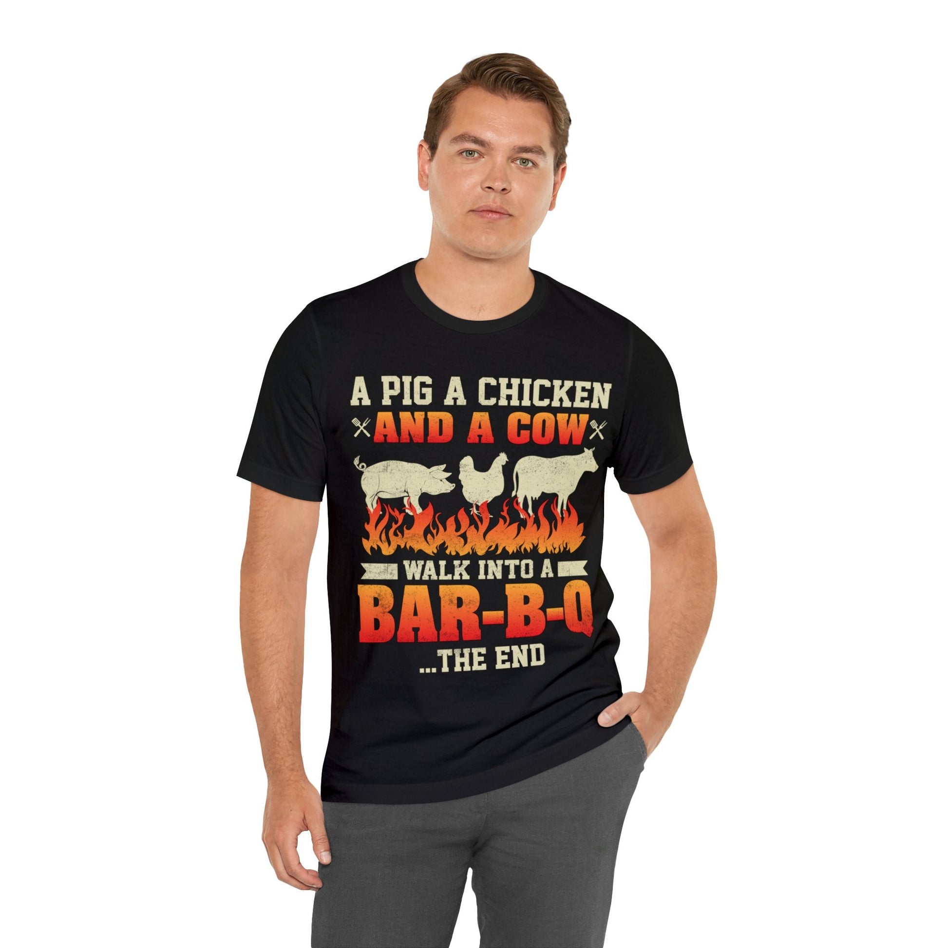 A Pig A Chicken and a cow walk into a bar - b - q T - Shirt - The Cavemanstyle