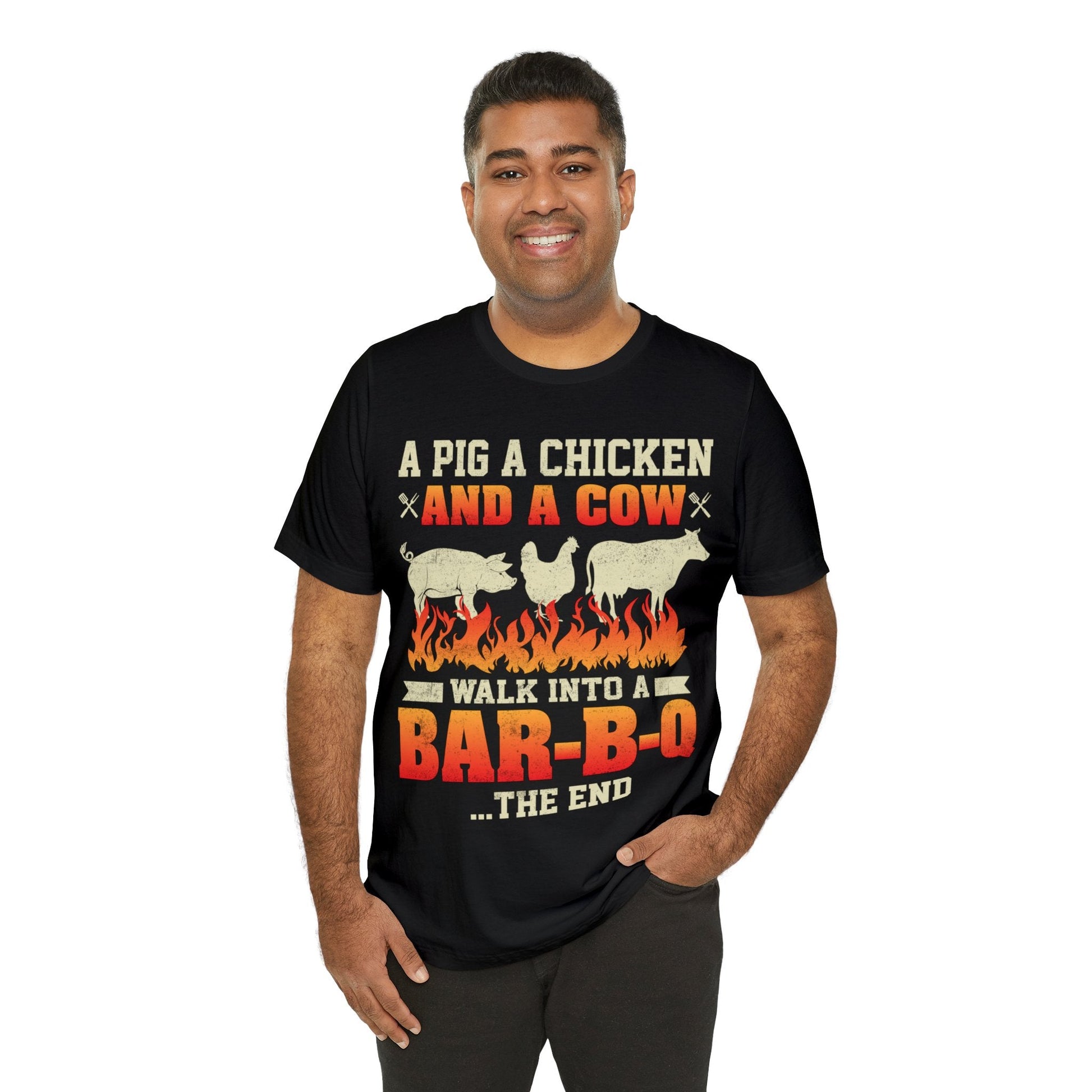 A Pig A Chicken and a cow walk into a bar - b - q T - Shirt - The Cavemanstyle