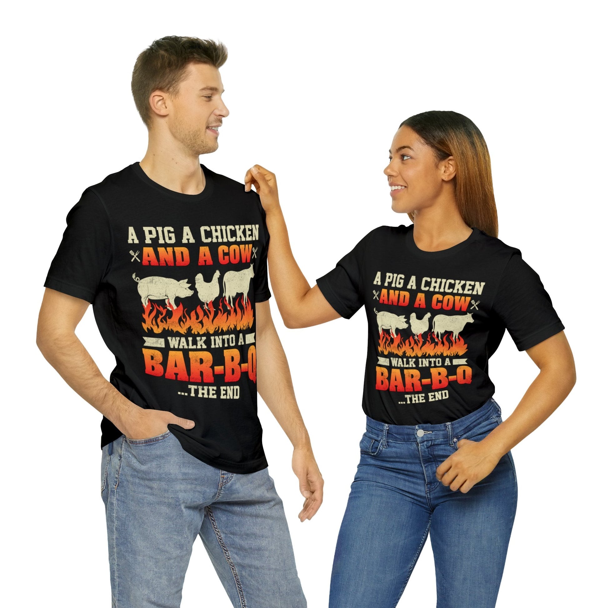 A Pig A Chicken and a cow walk into a bar - b - q T - Shirt - The Cavemanstyle