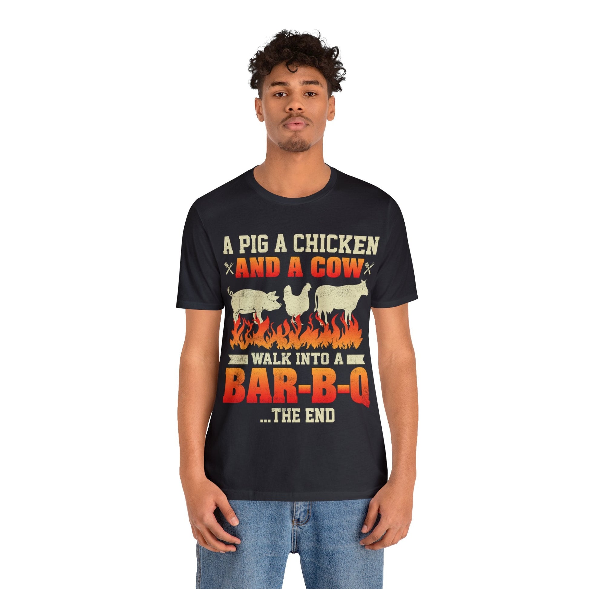 A Pig A Chicken and a cow walk into a bar - b - q T - Shirt - The Cavemanstyle