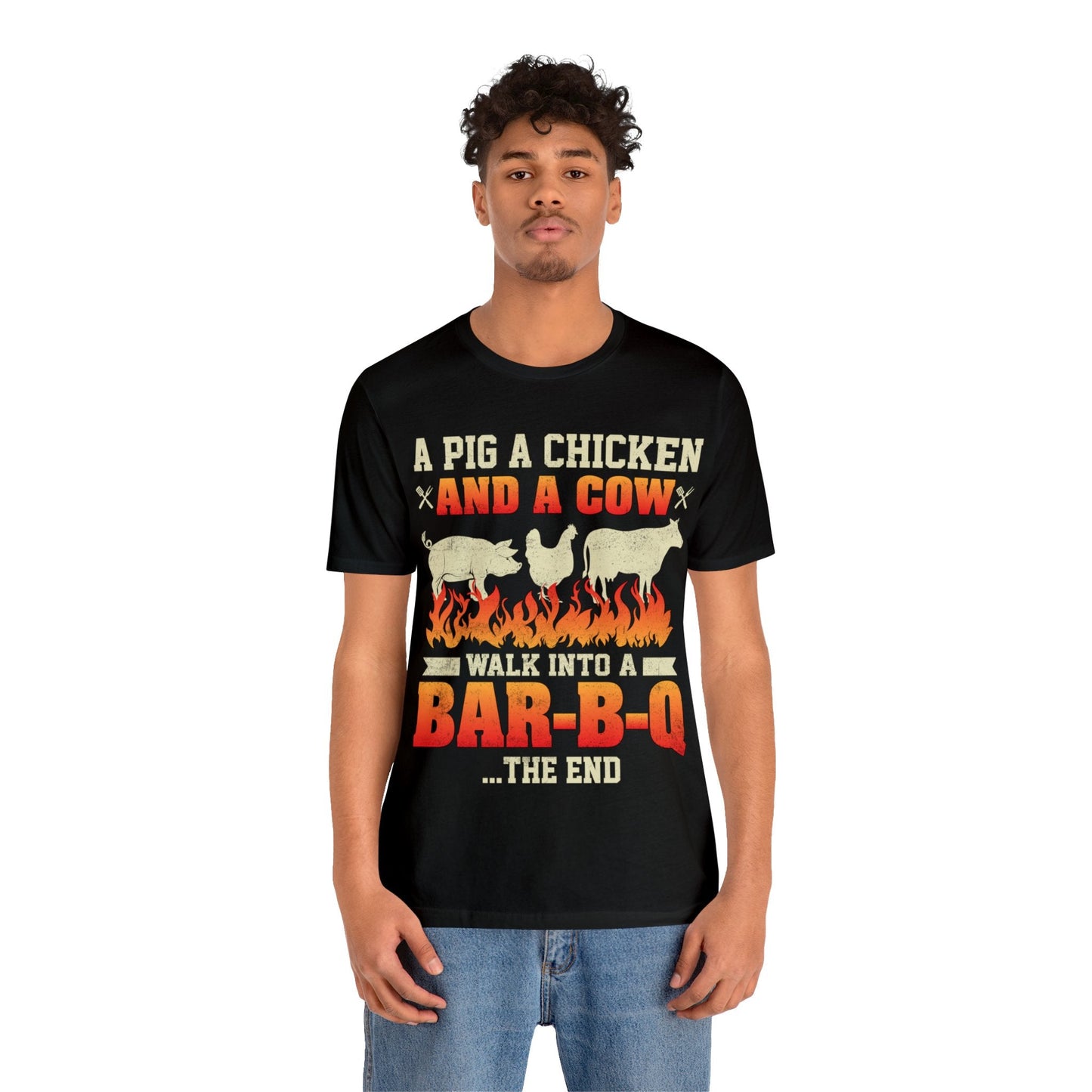 A Pig A Chicken and a cow walk into a bar - b - q T - Shirt - The Cavemanstyle