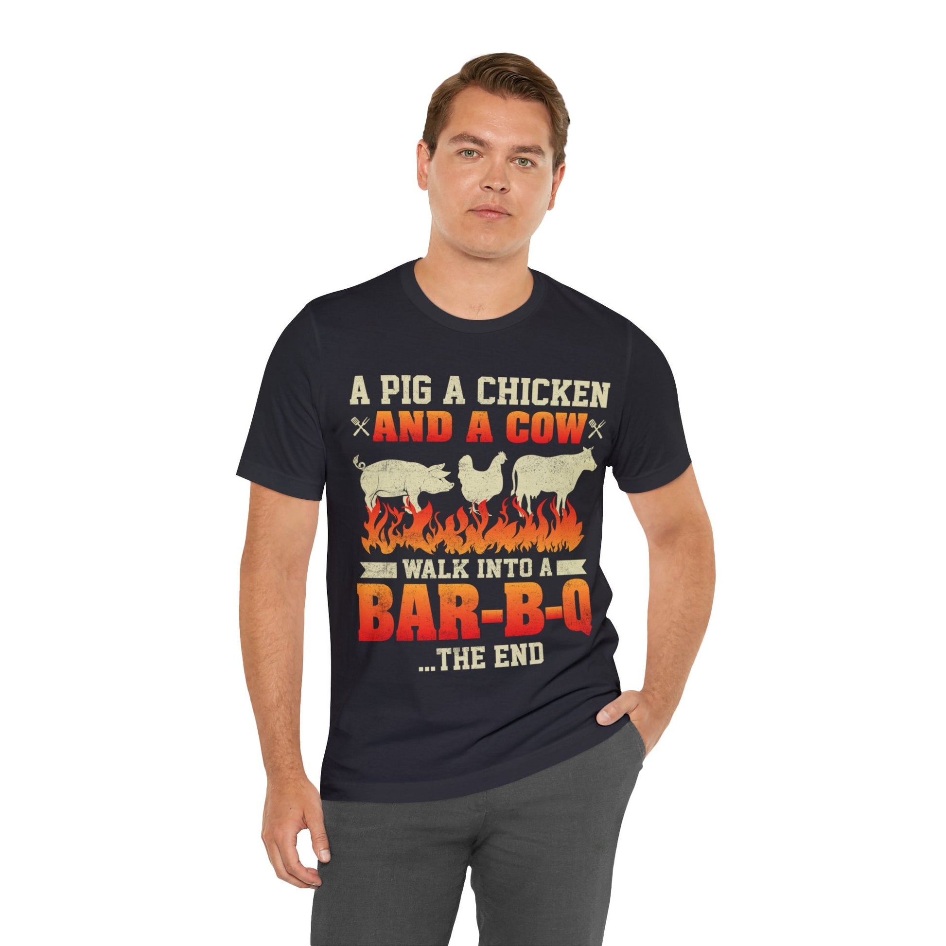 A Pig A Chicken and a cow walk into a bar - b - q T - Shirt - The Cavemanstyle