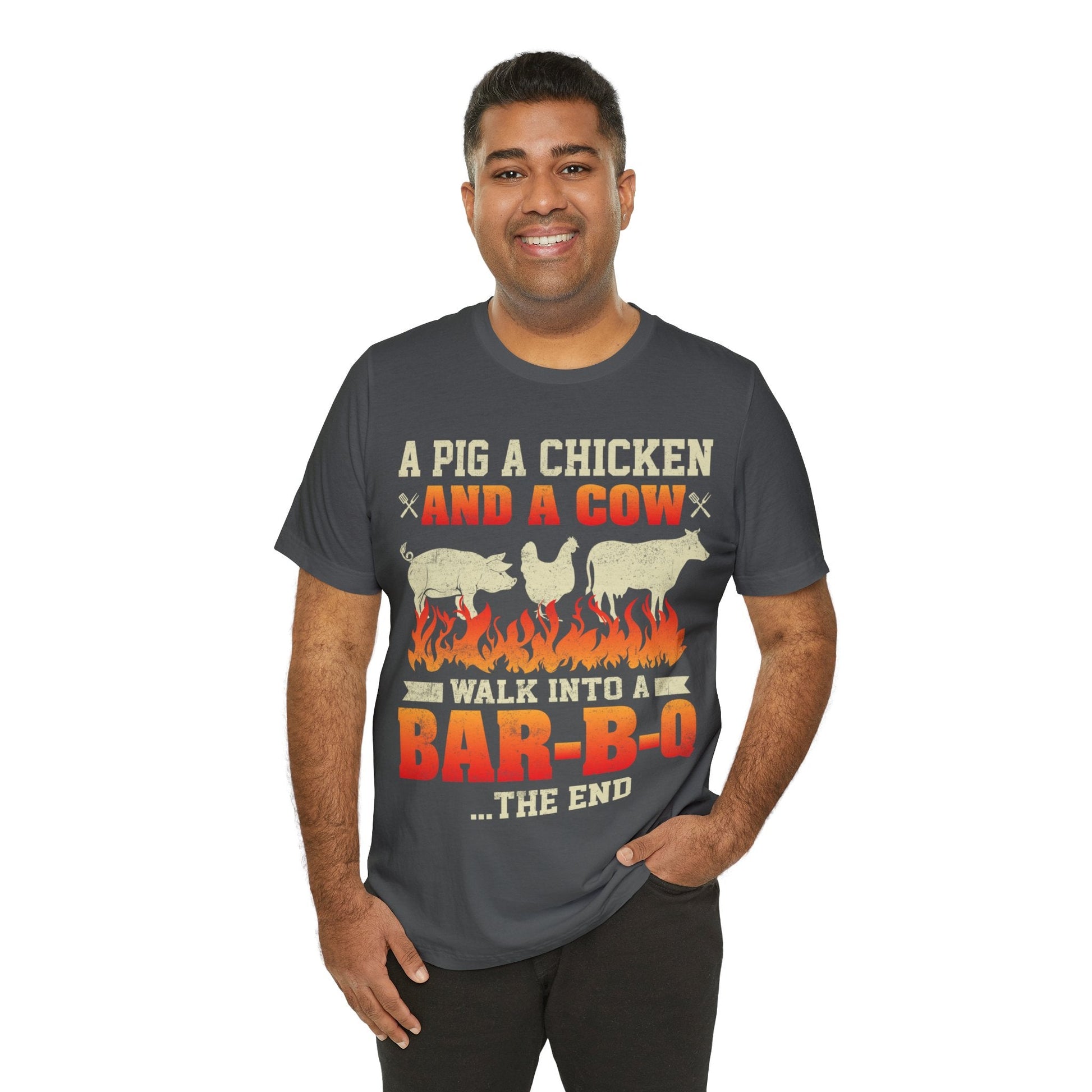 A Pig A Chicken and a cow walk into a bar - b - q T - Shirt - The Cavemanstyle