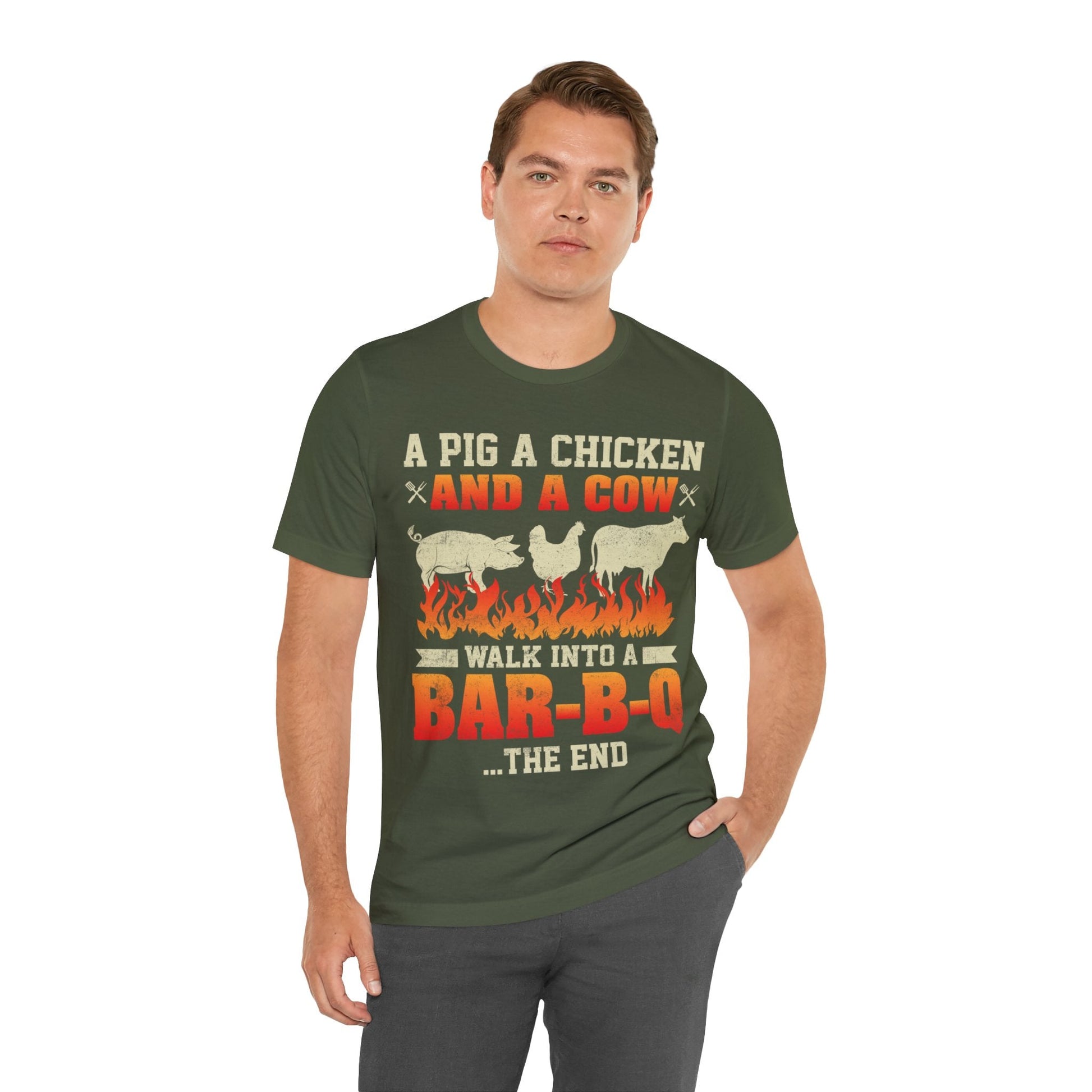 A Pig A Chicken and a cow walk into a bar - b - q T - Shirt - The Cavemanstyle