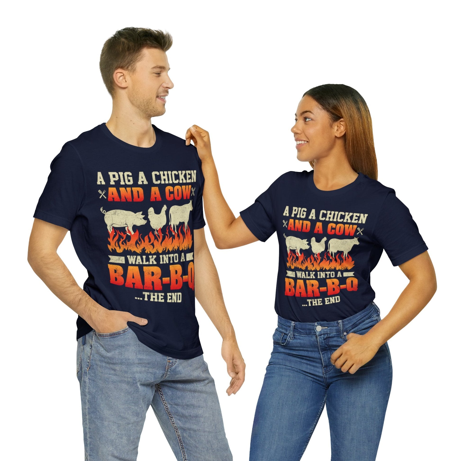 A Pig A Chicken and a cow walk into a bar - b - q T - Shirt - The Cavemanstyle