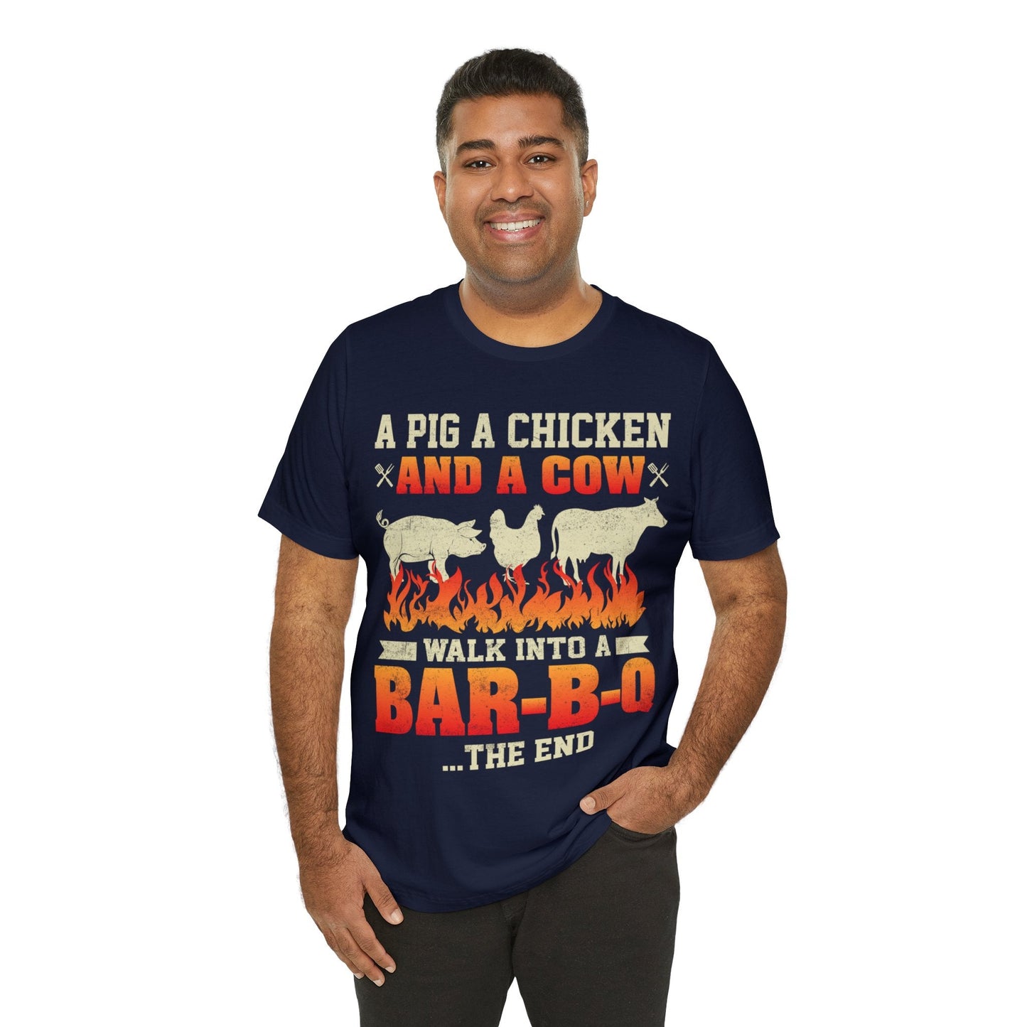 A Pig A Chicken and a cow walk into a bar - b - q T - Shirt - The Cavemanstyle