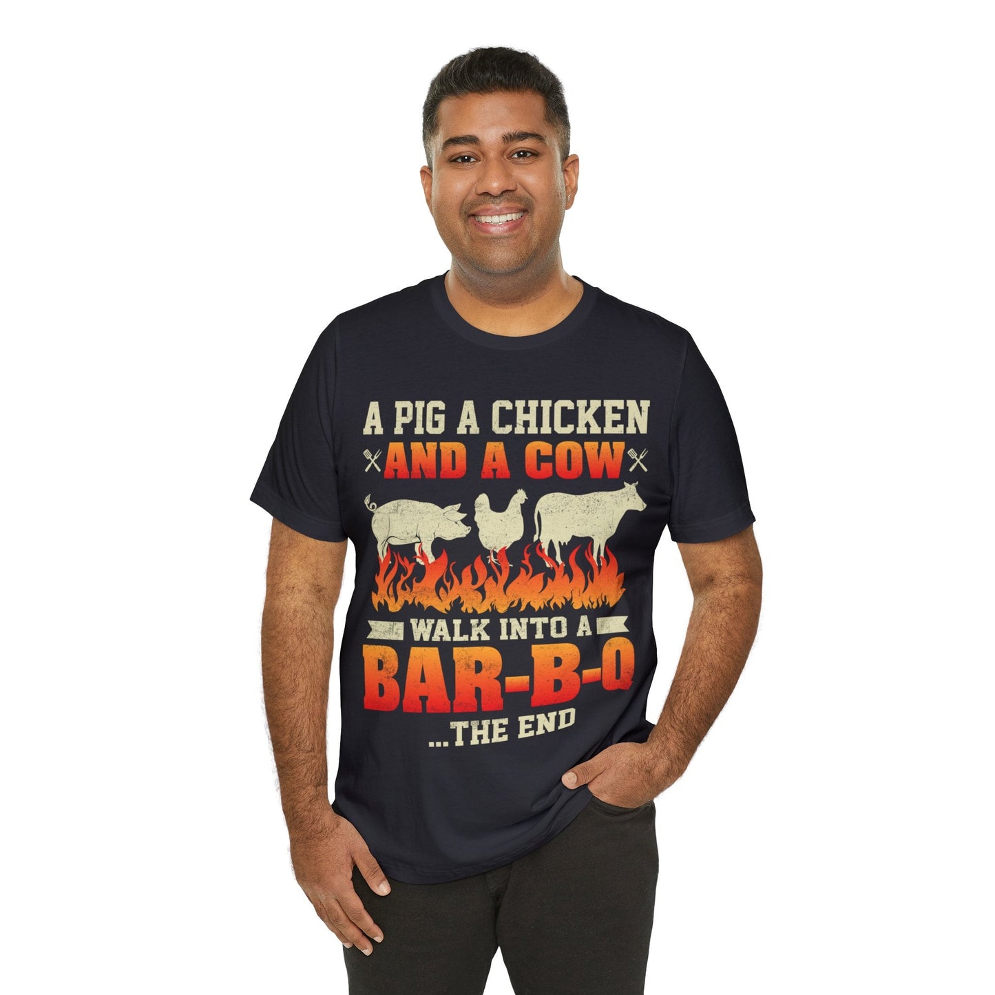 A Pig A Chicken and a cow walk into a bar - b - q T - Shirt - The Cavemanstyle