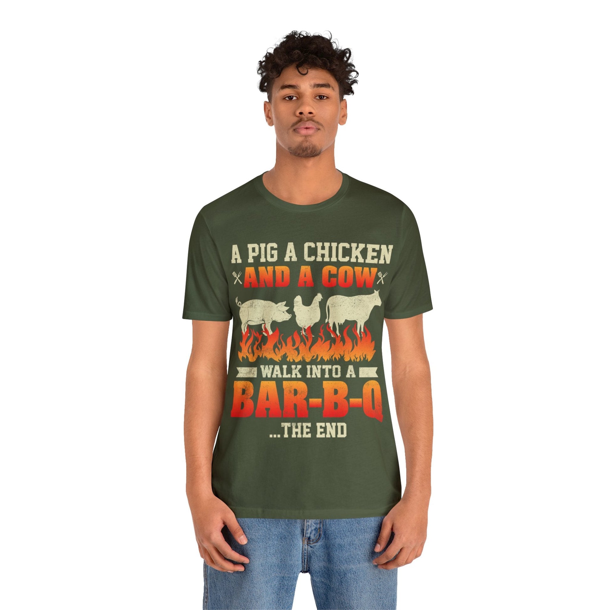 A Pig A Chicken and a cow walk into a bar - b - q T - Shirt - The Cavemanstyle