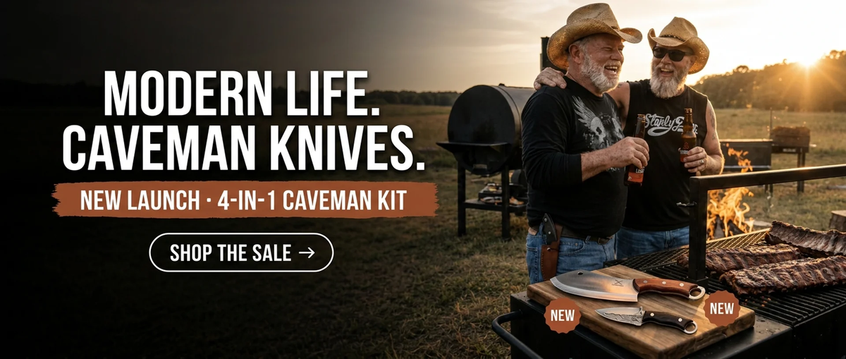 Modern Life. Caveman Knives. New launch: 4-in-1 Caveman Kit. Two friends at a barbecue with the new cleaver and utility knife. Shop the sale.