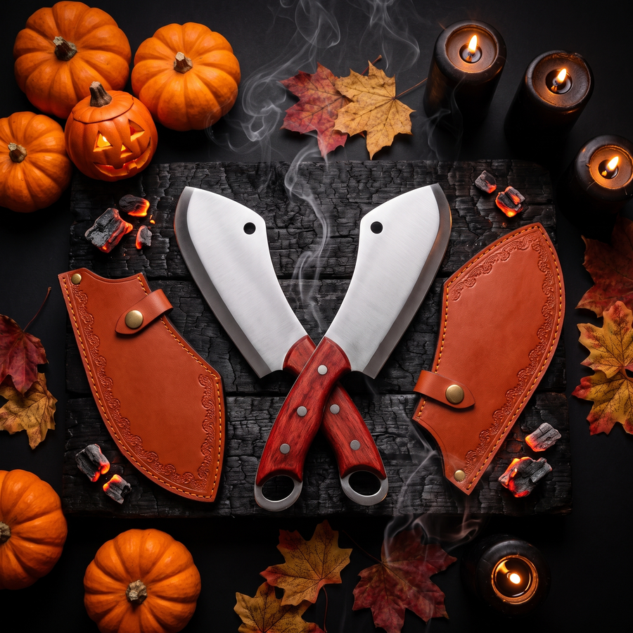 Two KNUCKLE knives crossed with two sheaths, pumpkins and candles
