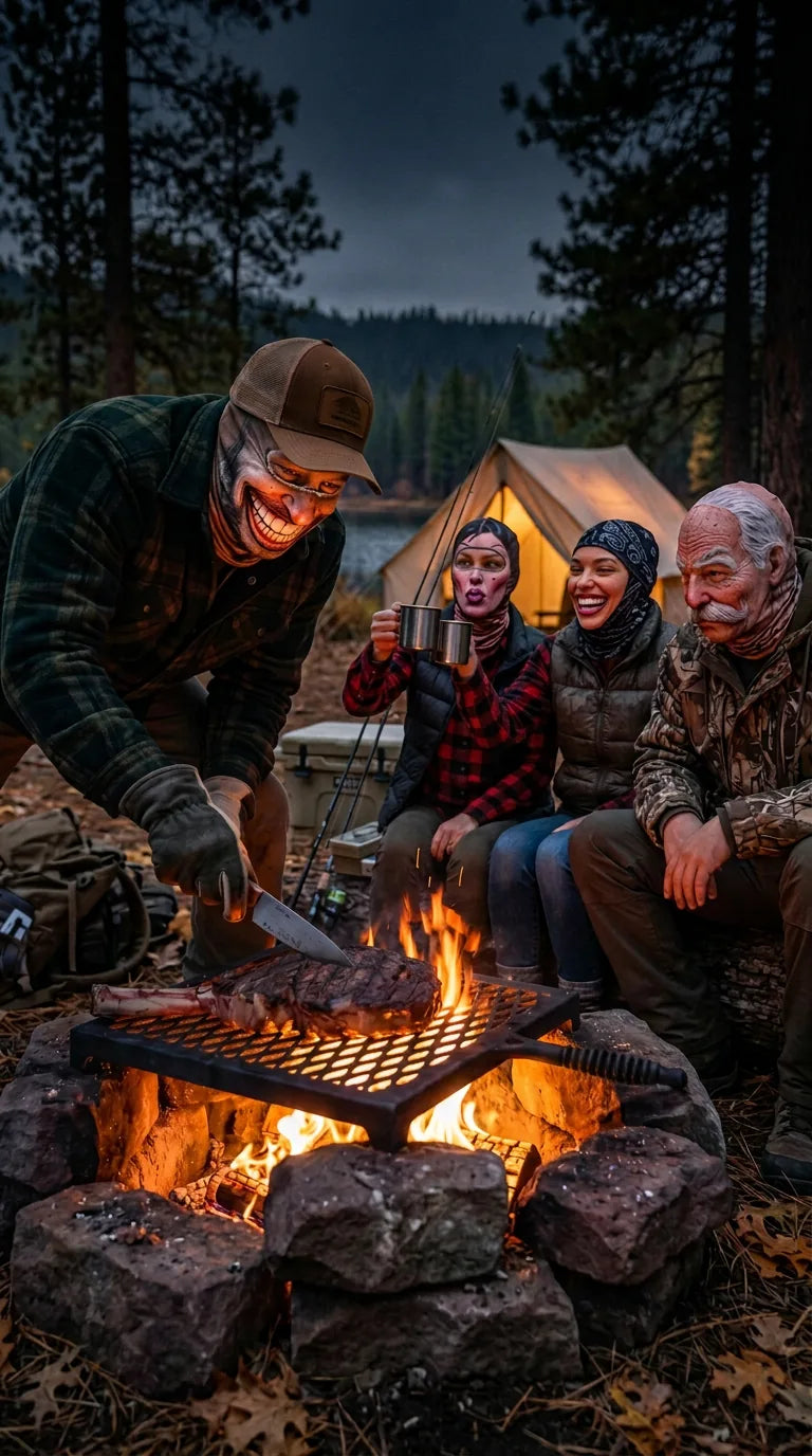 The clan around the campfire with steaks