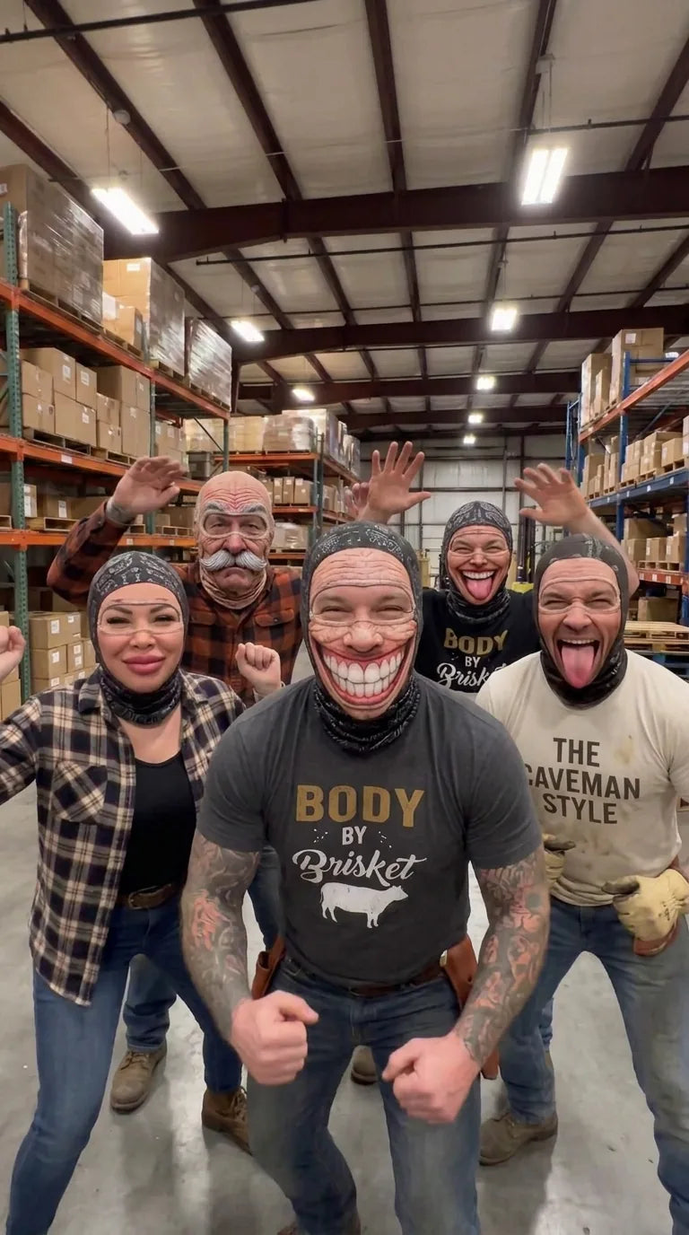 The crew dancing in UGGLY masks in the warehouse